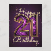 スパーキング グラム パープルとゴールドの21歳の誕生日 ポストカード (正面)