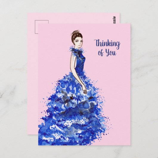 スパーキーなブルーのドレスの女性のカードを考えて ポストカード (正面/裏面)