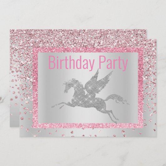 スパークかわいらしル付きユニコーン誕生日 招待状 (正面/裏面)