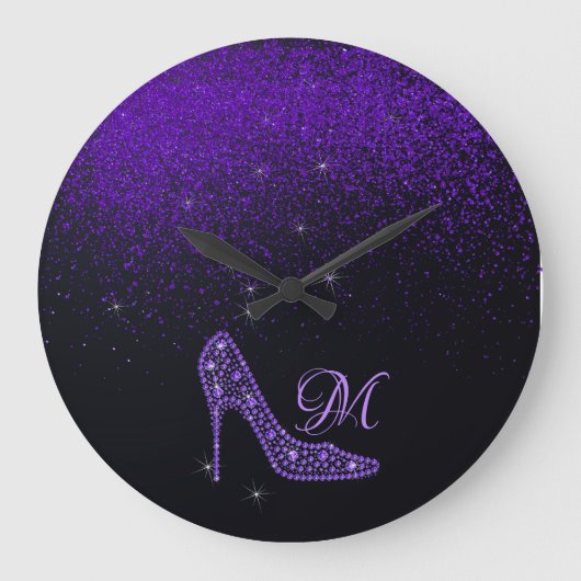 スパークきらきら光るルダイヤモンドグリッターハイヒール紫 ラージ壁時計 (正面)