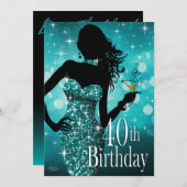 スパークきらきら光るル40歳の誕生日を|ティール(緑がかった色) 招待状 (正面/裏面)