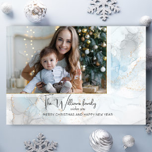 スパークエレガントリーブルー&金ゴールドアルコールインク写真 三つ折りクリスマスカード