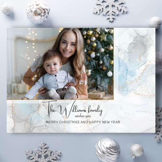 スパークエレガントリーブルー&金ゴールドアルコールインク写真 三つ折りクリスマスカード