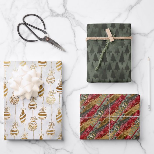 スパークエレガントリー金ゴールドグリーンパインツリーレッド ラッピングペーパーシート (正面)