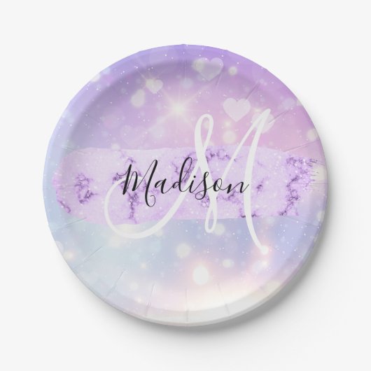 スパークガーリーリーユニコーンレインボーハートモノグラム ペーパープレート (正面)