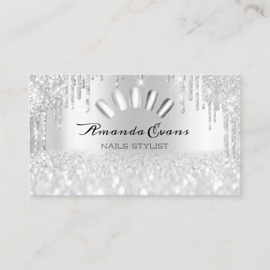 スパークグリッターシルバーグレー爪、 ネイルアーティストドリップ 予約カード (正面)