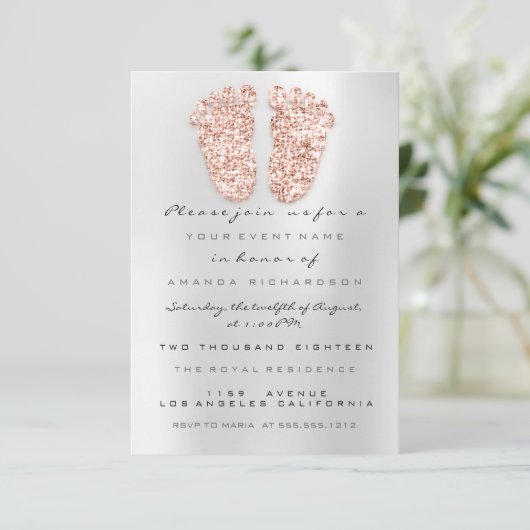 スパークグリッタードリップスバラグレーグレイ赤ちゃんシャワー足 招待状 (スタンド正面)