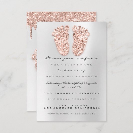 スパークグリッタードリップスバラグレーグレイ赤ちゃんシャワー足 招待状 (正面/裏面)