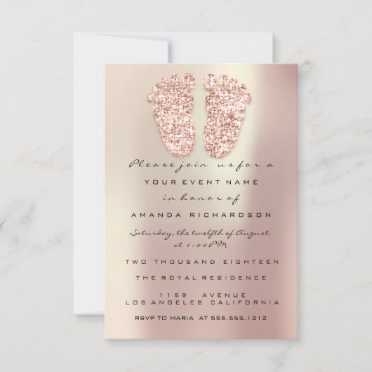 スパークグリッタードリップバラ金ゴールドグレイ赤ちゃんシャワー足 招待状 (正面)