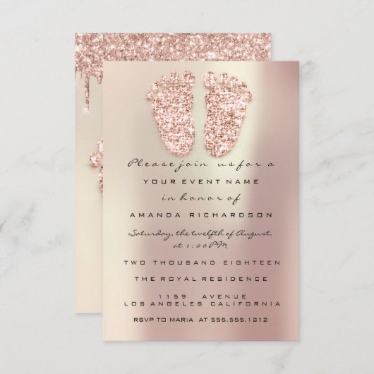 スパークグリッタードリップバラ金ゴールドグレイ赤ちゃんシャワー足 招待状 (正面/裏面)