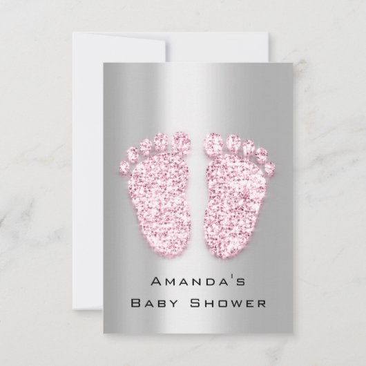 スパークグリッターベビーシャワー足ピンクグレーシルバー 招待状 (裏面)