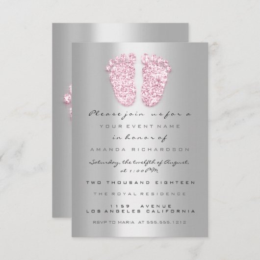 スパークグリッターベビーシャワー足ピンクグレーシルバー 招待状 (正面/裏面)