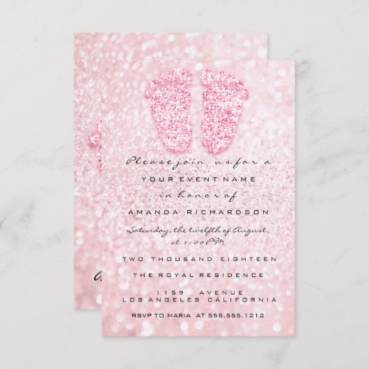 スパークグリッターベビーシャワー足ピンクローズガール 招待状 (正面/裏面)