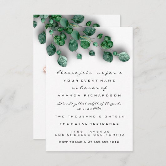 スパークグリッターホワイトローズグリーンベビーシャワー足 招待状 (正面/裏面)