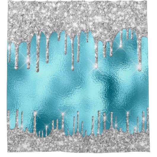 スパークドリップスグリッターエフェクトブラックシルバーピンクブルー シャワーカーテン (正面)