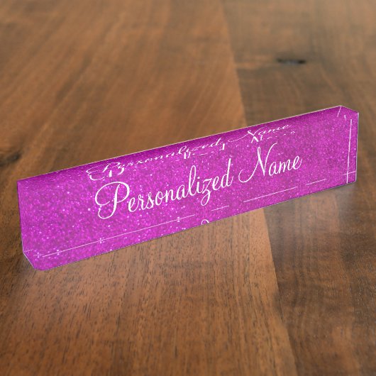 スパークパーソナライズされたリーピンクグリッターデスク表札 デスクネームプレート (側面)