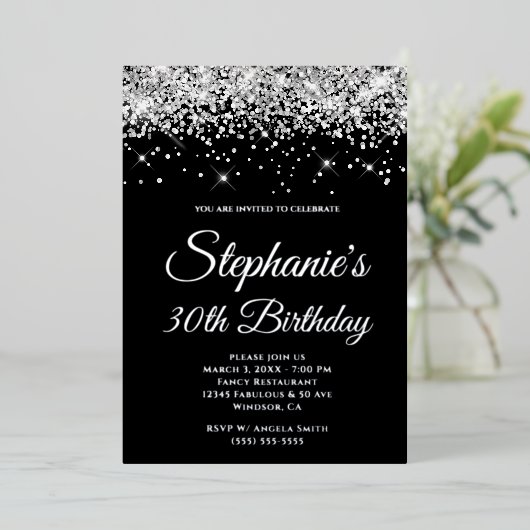 スパークフェイクリーシルバーグリッターブラック30歳の誕生日 箔招待状 (立ち正面)