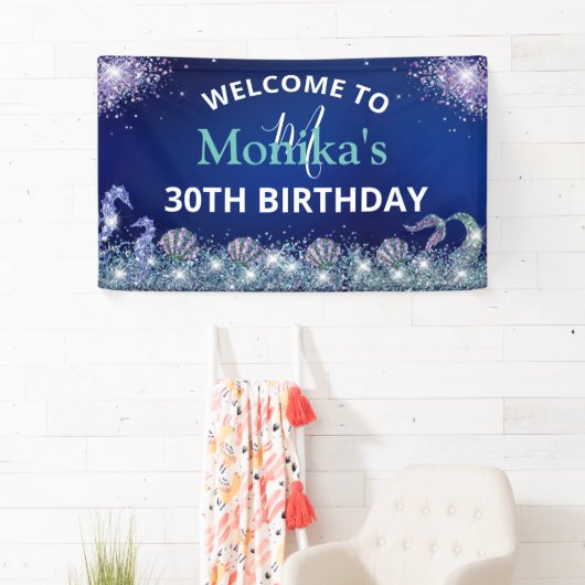 スパークフェイクリーマーメイドグリッターブルー海モノグラム 横断幕 (インサイチュ)