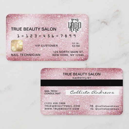 スパークユニークリーピンクグリッタークレジットカードロゴ 名刺 (正面/裏面)