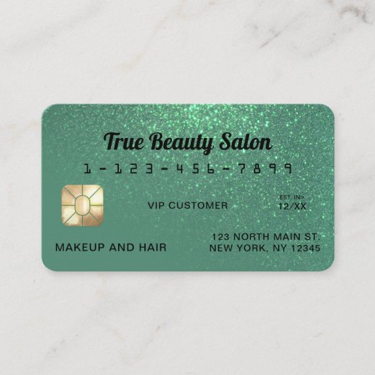 スパークユニークリーマーメイドティール(緑がかった色)グリッタークレジットカード 名刺 (正面)
