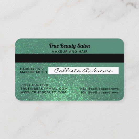 スパークユニークリーマーメイドティール(緑がかった色)グリッタークレジットカード 名刺 (裏面)