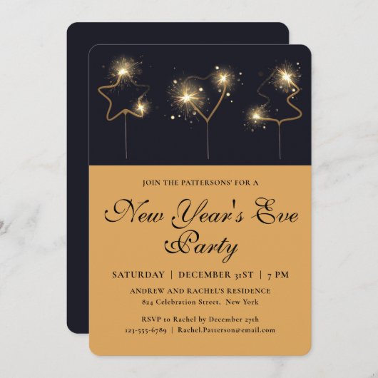 スパークラーニューイヤーズイブパーティーモダンシックホリデイ 招待状 (正面/裏面)
