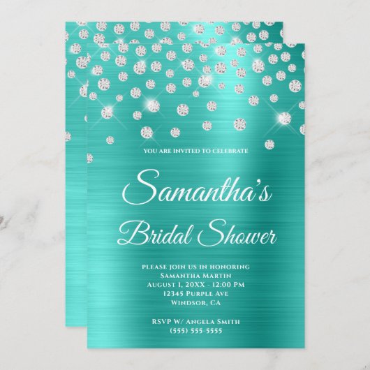 スパークリダイヤモンドターコイズサテンフォイルブライダルシャワー 招待状 (正面/裏面)