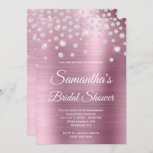 スパークリダイヤモンドピンクサテンフォイルブライダルシャワー 招待状 (正面/裏面)