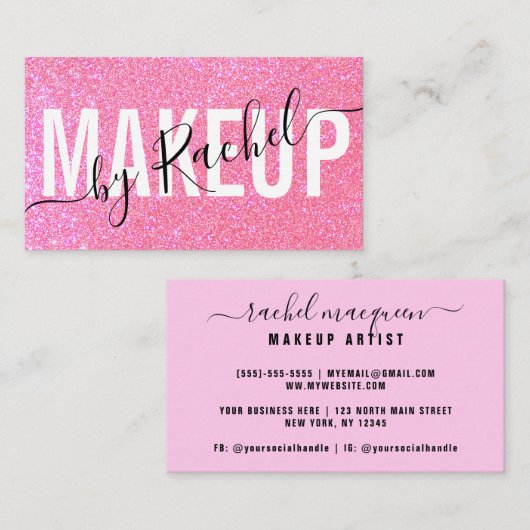 スパークリピンクグリッタータイポグラフィメイクアップアーティスト 名刺 (正面/裏面)