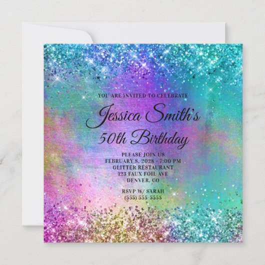 スパークリマーメイドグリッターフォイル50誕生日 招待状 (正面)