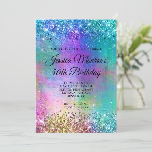スパークリマーメイドグリッターフォイル50誕生日 招待状 (スタンド正面)