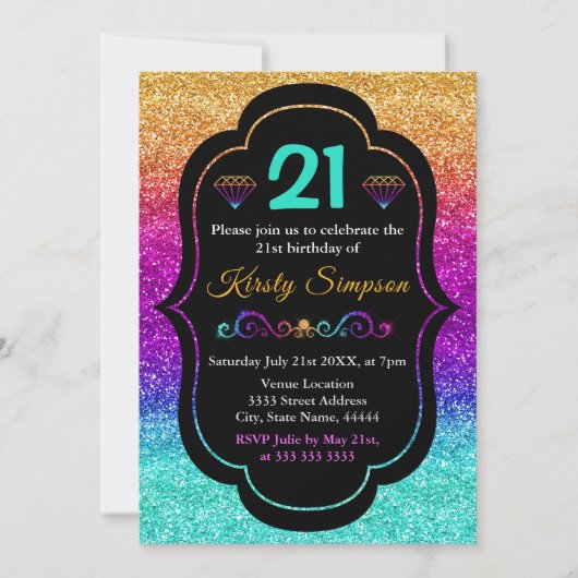 スパークリレインボーグラディエントグリッター誕生日 招待状 (正面)