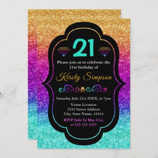 スパークリレインボーグラディエントグリッター誕生日 招待状 (正面/裏面)