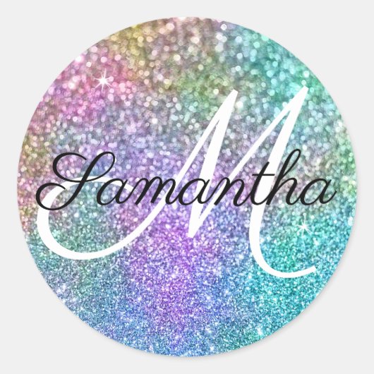 スパークリレインボーマーメイドフェイクグリッターモノグラム ラウンドシール (正面)