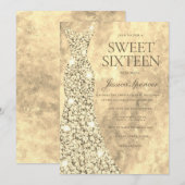 スパークリングゴールドグリッタードレスガウン スウィート16 シックスティーン 招待状 (正面/裏面)