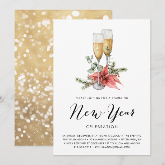 スパークリングシャンパンとグリーンが彩る新年のパーティー 招待状 (正面/裏面)