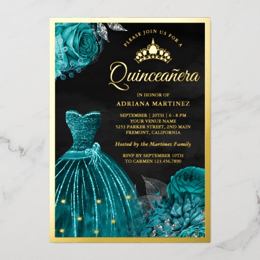 スパークリングドレス ティールローズ ブラック キンチェアネラ ゴールド 箔招待状 (正面)