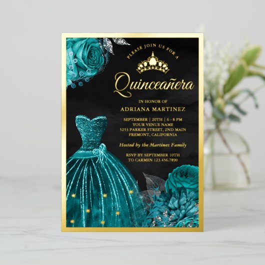 スパークリングドレス ティールローズ ブラック キンチェアネラ ゴールド 箔招待状 (立ち正面)
