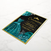 スパークリングドレス ティールローズ ブラック キンチェアネラ ゴールド 箔招待状 (回転した状態)