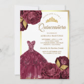 スパークリングドレス ワインレッド フラワー ゴールドのキンセアニエラ 招待状 (正面)