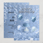 スパークリングブルーの誕生日ケーキ招待状 招待状 (正面/裏面)