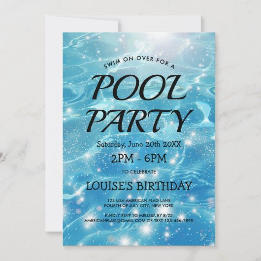 スパークリングブルーウォーター プールパーティー招待状 招待状 (正面)