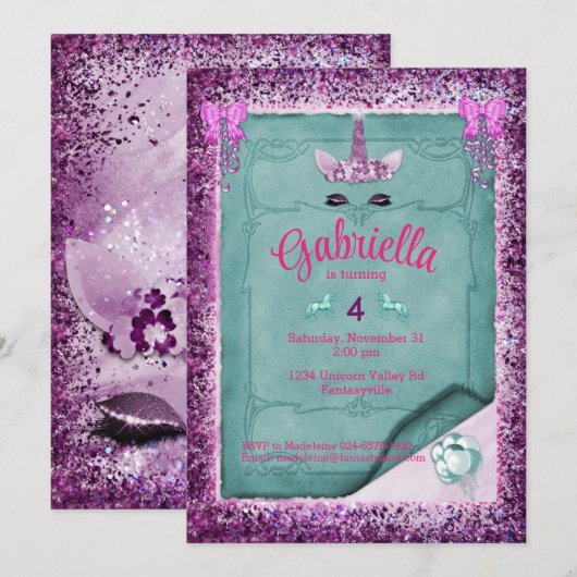 スパークリング パープル ユニコーン バースデー インビテーション (正面/裏面)