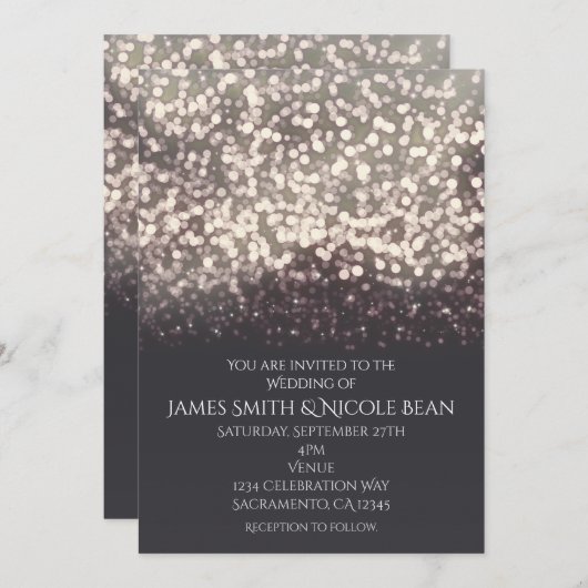スパークリング ライツ ロマンティック モダン グレー ウェディング 招待状 (正面/裏面)