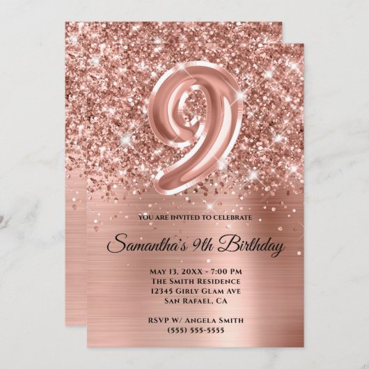 スパークリーきらびやかなバラ金ゴールドグラーム9th誕生日 招待状 (正面/裏面)