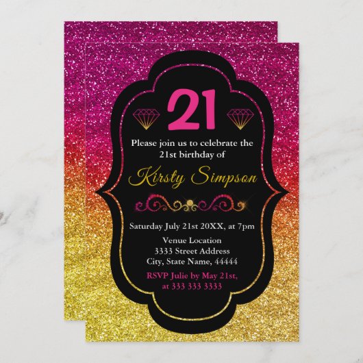 スパークリーなピンクとイエローグラデーショングリッター誕生日 招待状 (正面/裏面)