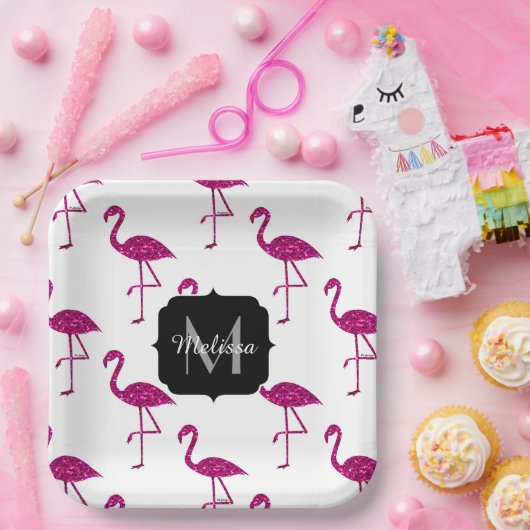 スパークリーなフラミンゴピンクグリッタースパークルズモノグラム ペーパープレート (パーティー)