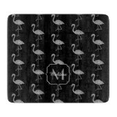 スパークリーなフラミンゴ銀グリッターパターンモノグラム カッティングボード (正面)