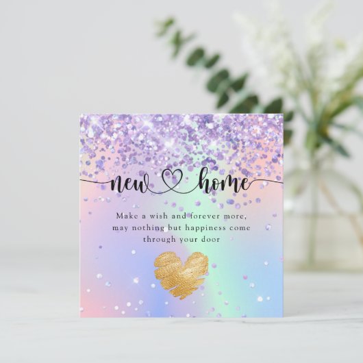 スパークリーなホログラフィックニューホーム引っ越し祝いパーティーカード サンキューカード (スタンド正面)