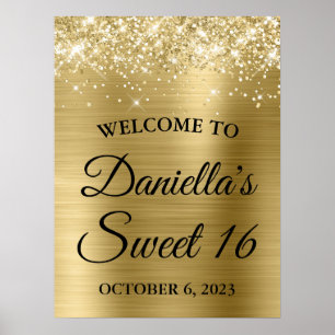 スパークリーなラメ入りパールゴールドのグラマラスなスウィート16ウェルカム ポスター